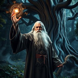 A photorealistic portrayal of a powerful wizard casting a spell in a mystical forest