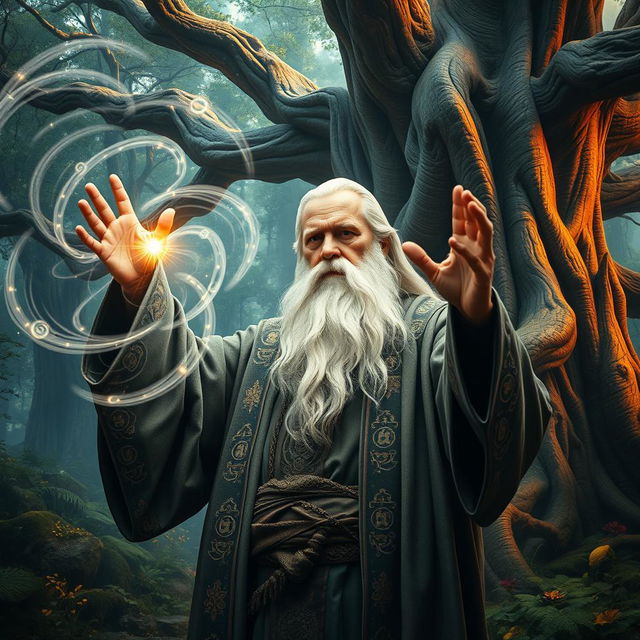 A photorealistic portrayal of a powerful wizard casting a spell in a mystical forest