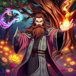 An anime-style portrayal of a powerful wizard casting a spell in a mystical forest