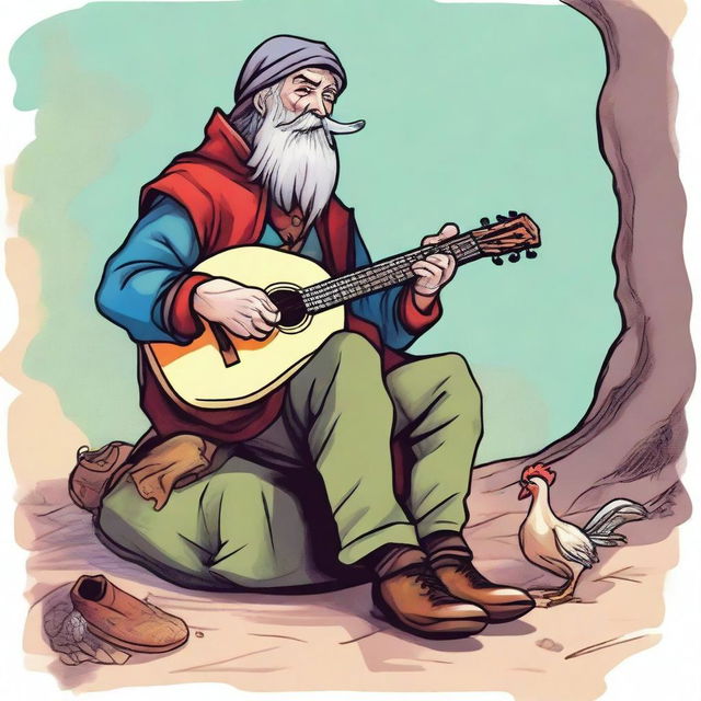 A whimsical, high-quality illustration that vividly portrays a pale, crazy, and funny homeless vagrant as a fantasy Dungeons and Dragons bard in a medieval village