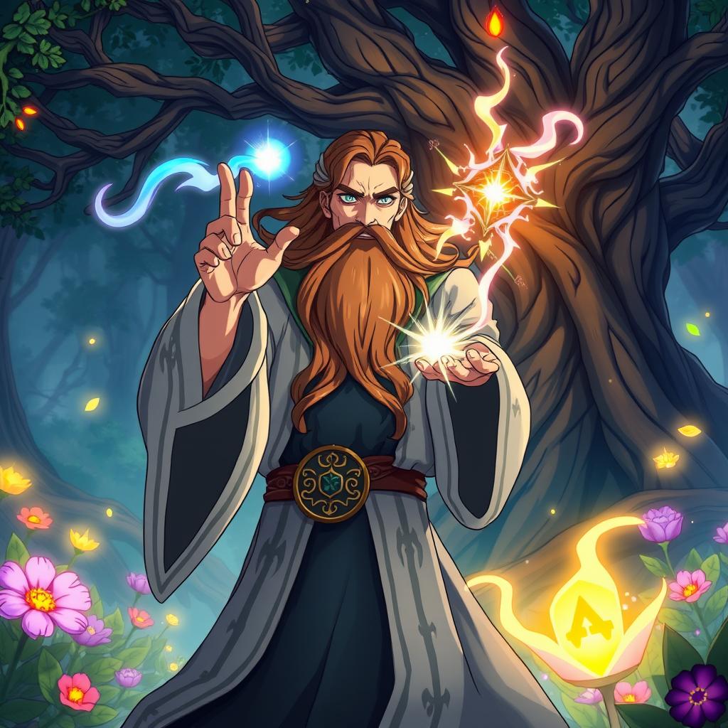 An anime-style portrayal of a powerful wizard casting a spell in a mystical forest