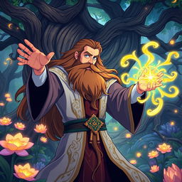 An anime-style portrayal of a powerful wizard casting a spell in a mystical forest