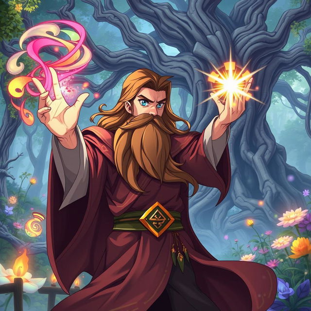 An anime-style portrayal of a powerful wizard casting a spell in a mystical forest