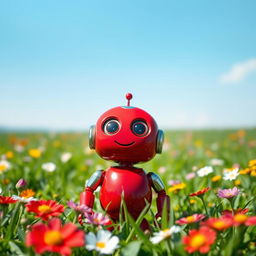 A charming little red robot with big expressive eyes and metallic limbs, standing in a vibrant green field filled with colorful flowers under a bright blue sky