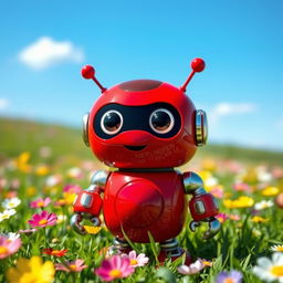 A charming little red robot with big expressive eyes and metallic limbs, standing in a vibrant green field filled with colorful flowers under a bright blue sky