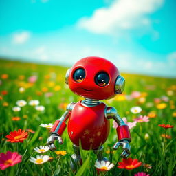 A charming little red robot with big expressive eyes and metallic limbs, standing in a vibrant green field filled with colorful flowers under a bright blue sky