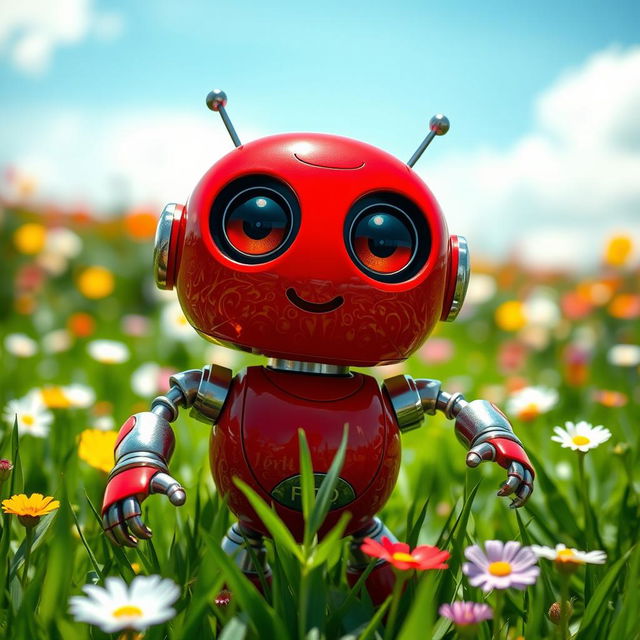 A charming little red robot with big expressive eyes and metallic limbs, standing in a vibrant green field filled with colorful flowers under a bright blue sky