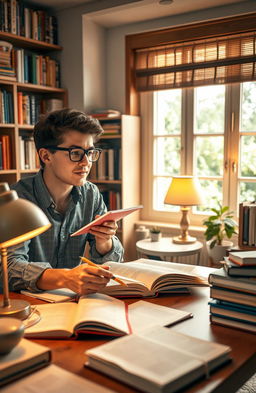 A scene of a smart young man, wearing glasses and a casual shirt, sitting at a table covered with books and notes, actively teaching a curious young woman