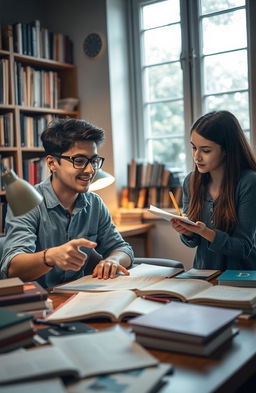 A scene of a smart young man, wearing glasses and a casual shirt, sitting at a table covered with books and notes, actively teaching a curious young woman