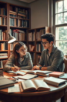 A scene of a smart young man, wearing glasses and a casual shirt, sitting at a table covered with books and notes, actively teaching a curious young woman