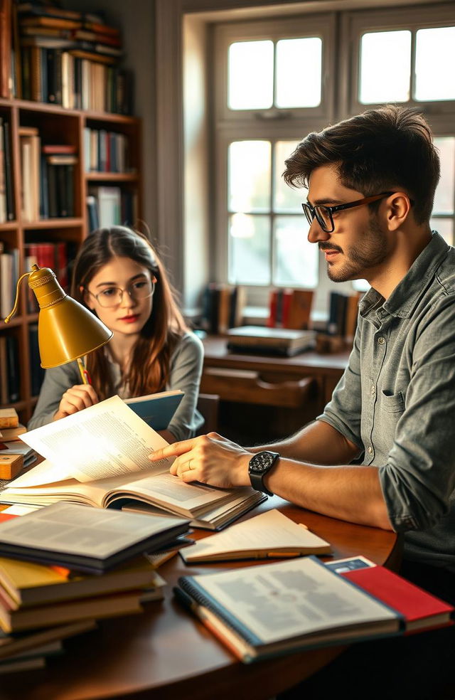 A scene of a smart young man, wearing glasses and a casual shirt, sitting at a table covered with books and notes, actively teaching a curious young woman