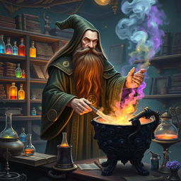 A powerful wizard with a long brown beard and flowing robes adorned with intricate patterns, standing in a fantastical laboratory filled with mysterious alchemical tools and magical artifacts