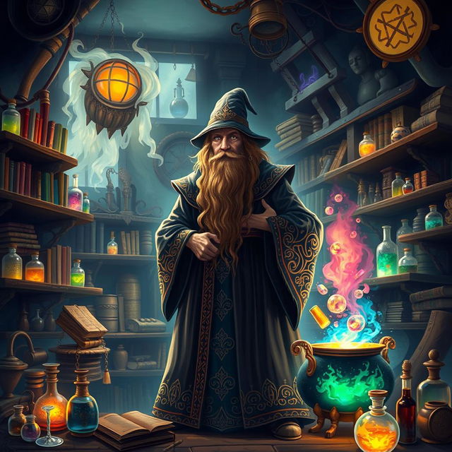 A powerful wizard with a long brown beard and flowing robes adorned with intricate patterns, standing in a fantastical laboratory filled with mysterious alchemical tools and magical artifacts