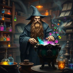 A powerful wizard with a long brown beard and flowing robes adorned with intricate patterns, standing in a fantastical laboratory filled with mysterious alchemical tools and magical artifacts