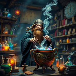 A powerful wizard with a long brown beard and flowing robes adorned with intricate patterns, standing in a fantastical laboratory filled with mysterious alchemical tools and magical artifacts