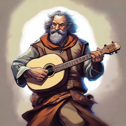 A dynamic, high-quality illustration that vividly depicts a crazy vagrant as a fantasy Dungeons and Dragons bard