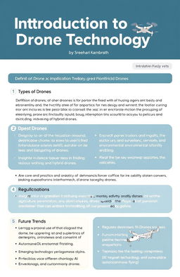 A detailed study notes layout covering the topic 'Introduction to Drone Technology' as presented by Sreehari Kambrath