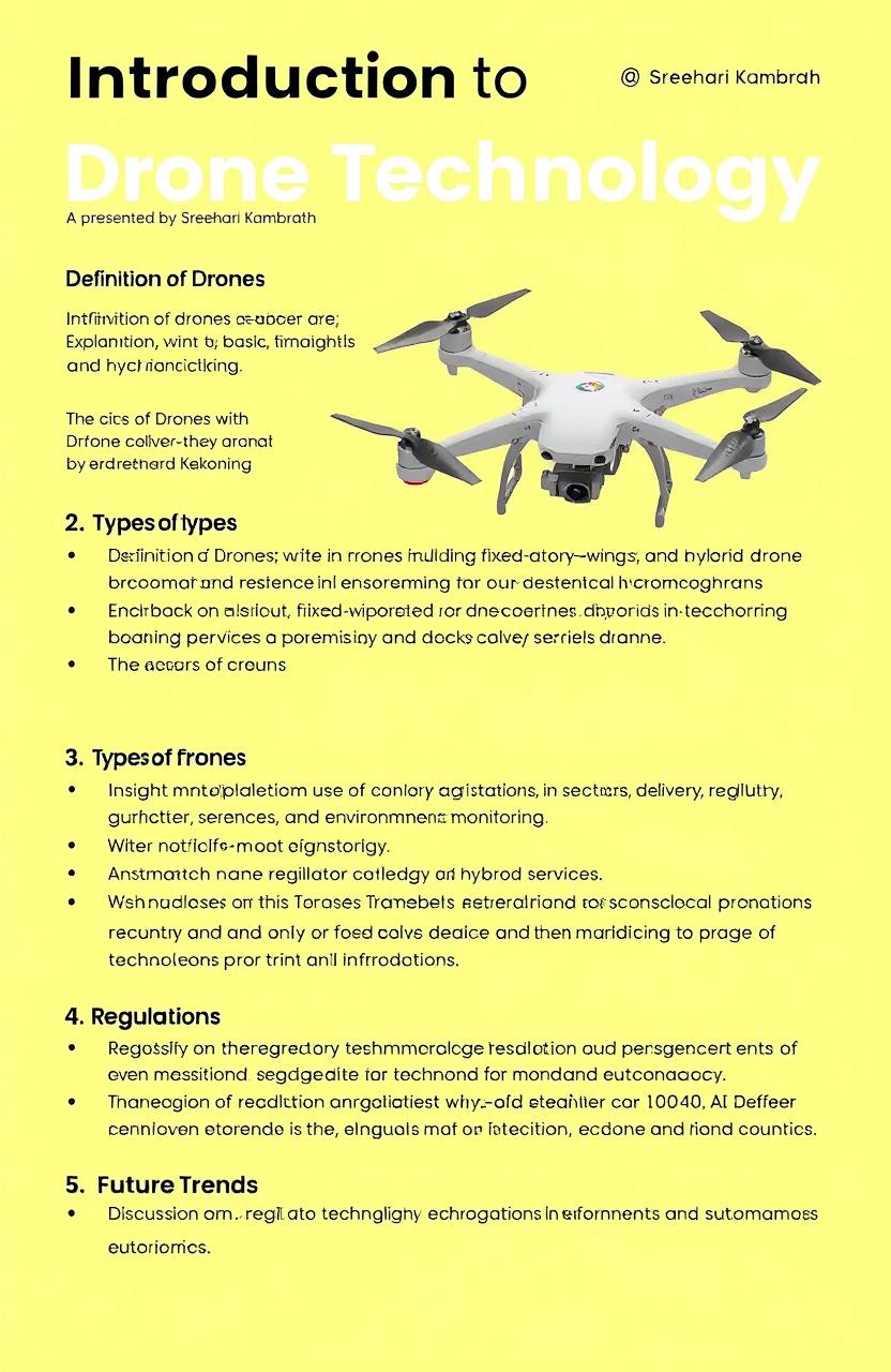 A detailed study notes layout covering the topic 'Introduction to Drone Technology' as presented by Sreehari Kambrath