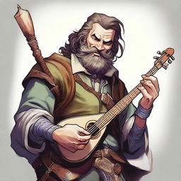 A dynamic, high-quality illustration that vividly depicts a crazy vagrant as a fantasy Dungeons and Dragons bard