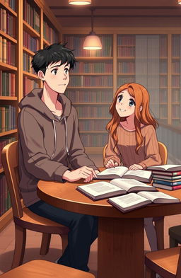 An animated scene depicting a young male student teaching a female classmate in a cozy library setting