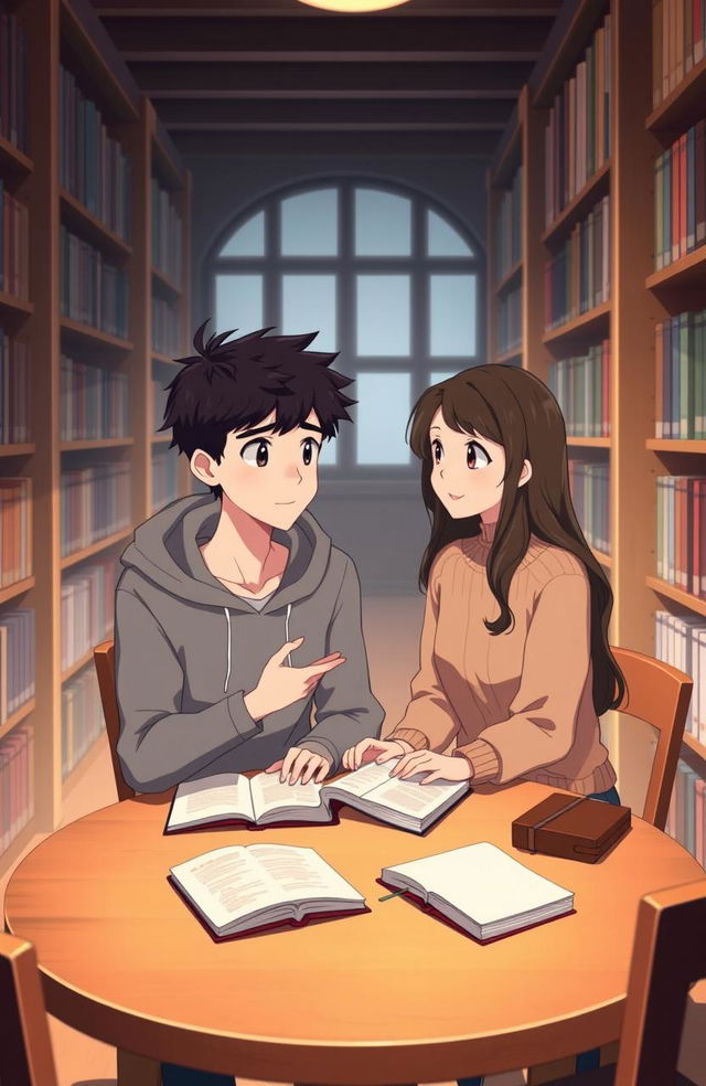 An animated scene depicting a young male student teaching a female classmate in a cozy library setting