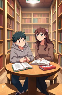 An animated scene depicting a young male student teaching a female classmate in a cozy library setting