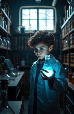 A young boy wearing a white lab coat stands in a dimly lit laboratory