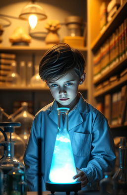 A young boy wearing a white lab coat stands in a dimly lit laboratory