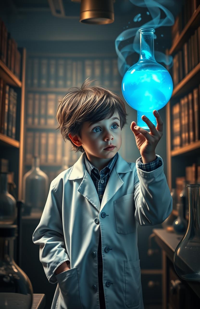 A young boy wearing a white lab coat stands in a dimly lit laboratory