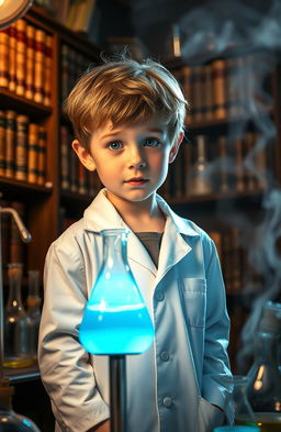 A young boy wearing a white lab coat stands in a dimly lit laboratory