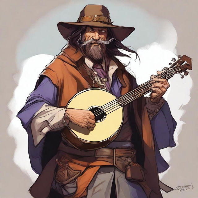 A dynamic, high-quality illustration that vividly depicts a crazy vagrant as a fantasy Dungeons and Dragons bard