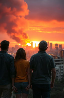A touching family scene featuring two children standing beside their parents, gazing at a city skyline engulfed in flames