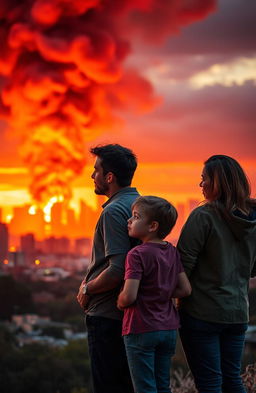 A touching family scene featuring two children standing beside their parents, gazing at a city skyline engulfed in flames