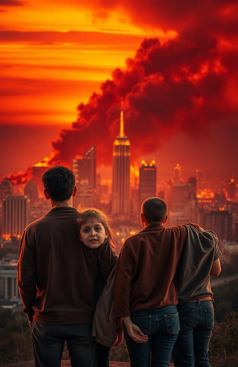 A touching family scene featuring two children standing beside their parents, gazing at a city skyline engulfed in flames