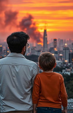 A touching family scene featuring two children standing beside their parents, gazing at a city skyline engulfed in flames