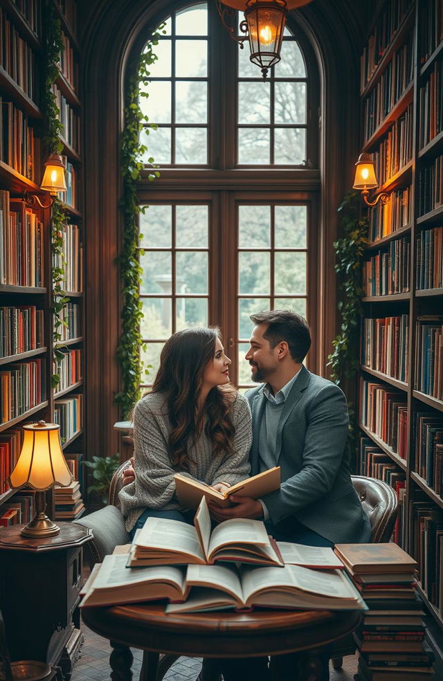 A romantic scene set in an enchanting library filled with tall wooden bookshelves overflowing with colorful books