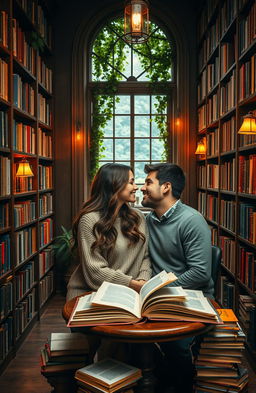 A romantic scene set in an enchanting library filled with tall wooden bookshelves overflowing with colorful books