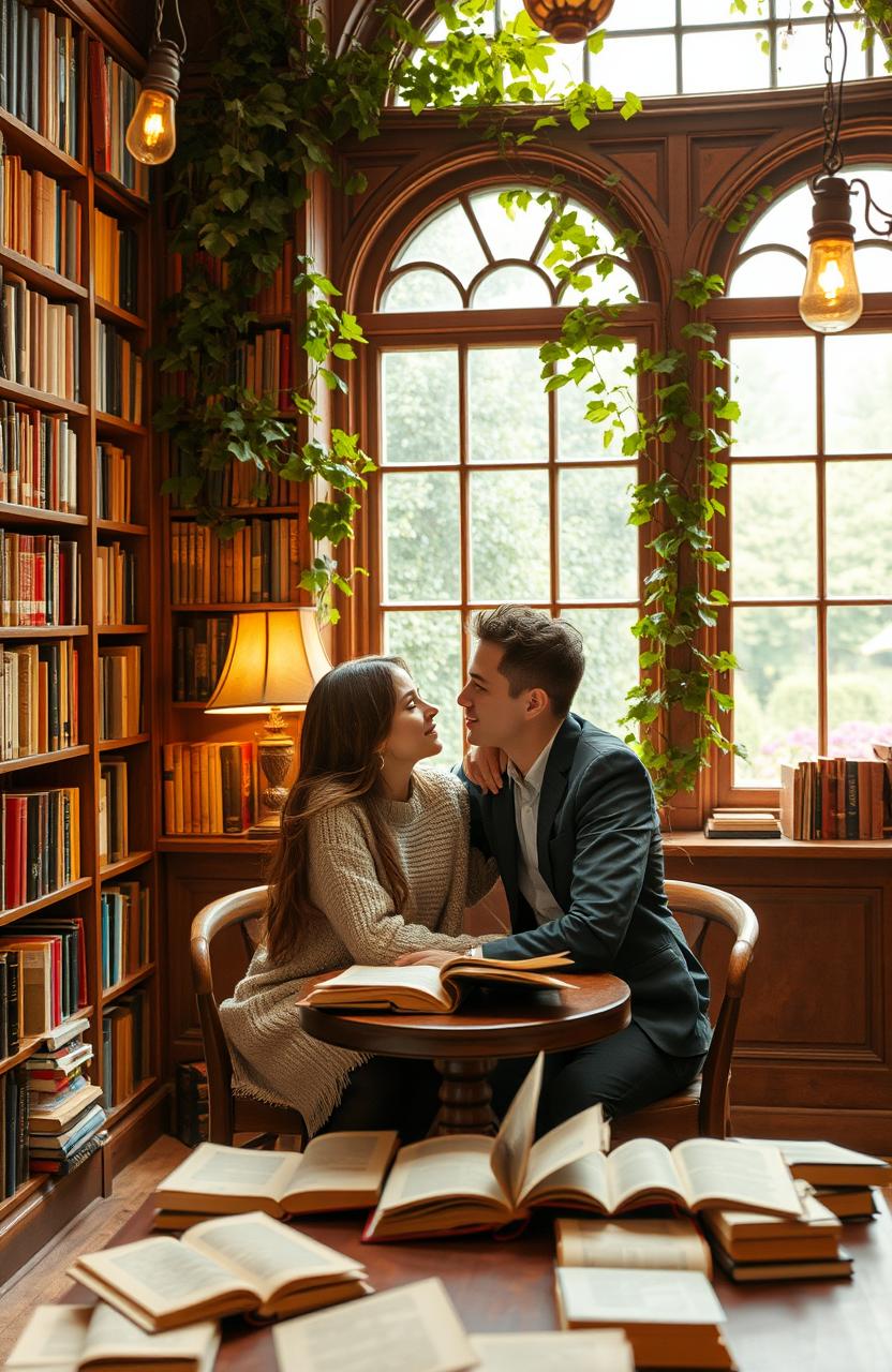 A romantic scene set in an enchanting library filled with tall wooden bookshelves overflowing with colorful books