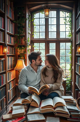 A romantic scene set in an enchanting library filled with tall wooden bookshelves overflowing with colorful books