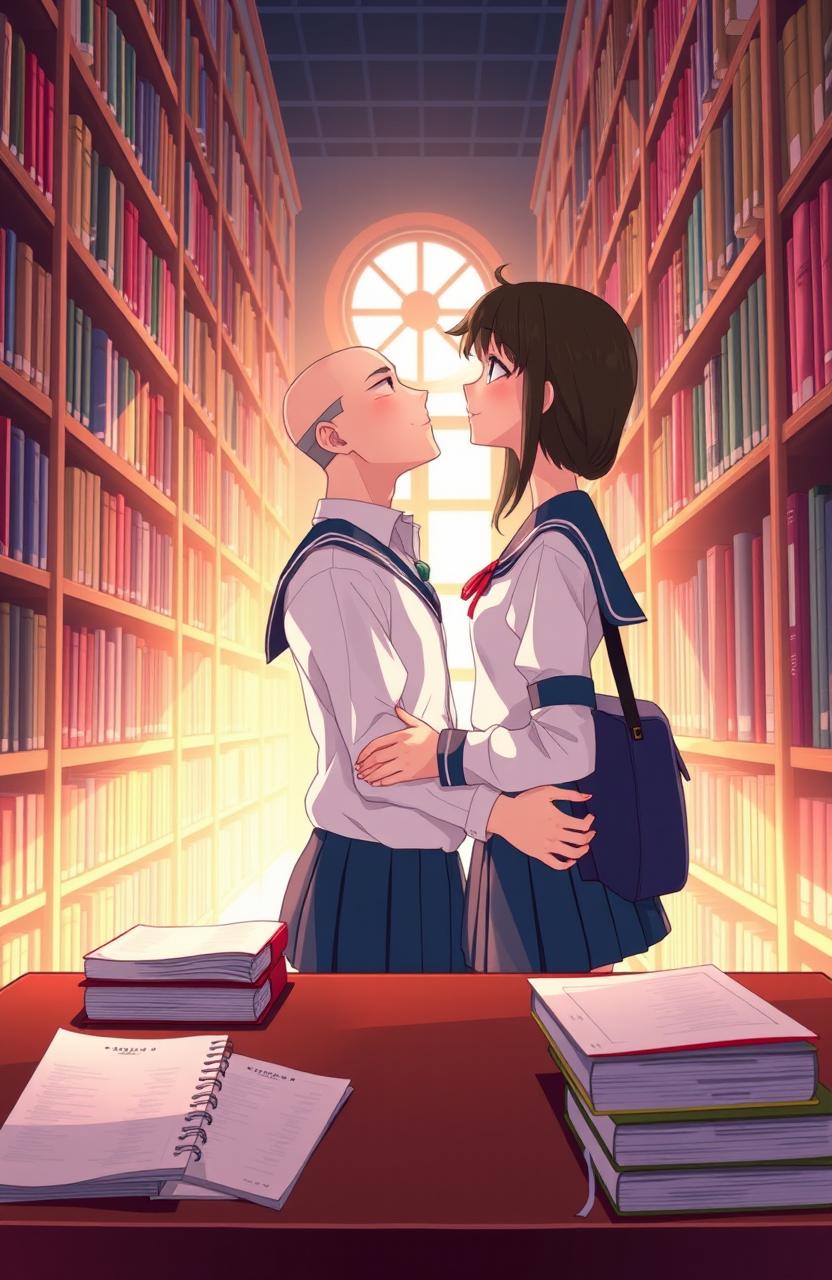 An animated scene depicting a romantic moment in a library