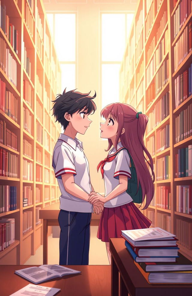 An animated scene depicting a romantic moment in a library