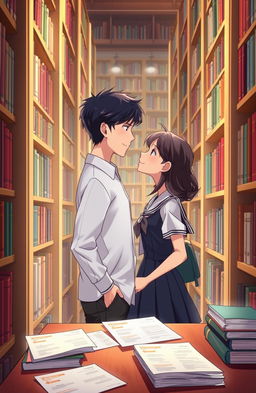 An animated scene depicting a romantic moment in a library