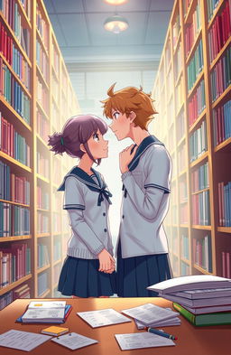 An animated scene depicting a romantic moment in a library