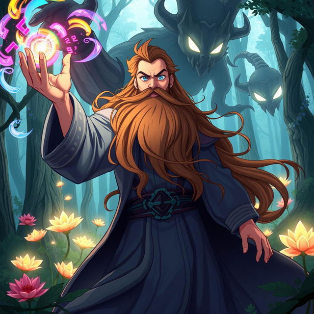 An anime-style portrayal of a powerful wizard casting a spell in a mystical forest