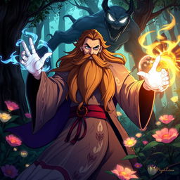 An anime-style portrayal of a powerful wizard casting a spell in a mystical forest