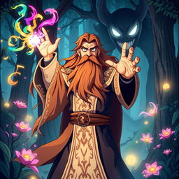 An anime-style portrayal of a powerful wizard casting a spell in a mystical forest