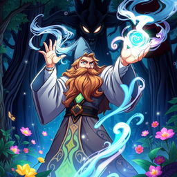 An anime-style portrayal of a powerful wizard casting a spell in a mystical forest