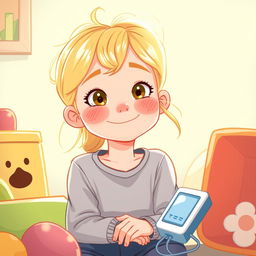 Une illustration d'une jeune fille de 7 ans aux cheveux blonds brillants, affichant un esprit enfantin à travers son sourire et ses yeux pétillants, mais montrant également une certaine maturité en raison de la maladie qu'elle doit gérer