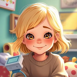 Une illustration d'une jeune fille de 7 ans aux cheveux blonds brillants, affichant un esprit enfantin à travers son sourire et ses yeux pétillants, mais montrant également une certaine maturité en raison de la maladie qu'elle doit gérer