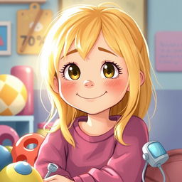 Une illustration d'une jeune fille de 7 ans aux cheveux blonds brillants, affichant un esprit enfantin à travers son sourire et ses yeux pétillants, mais montrant également une certaine maturité en raison de la maladie qu'elle doit gérer